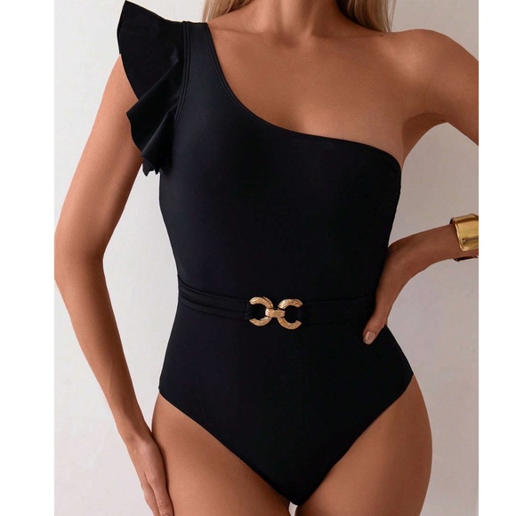 Plus One Shoulder Ruffle Sleeve Belted Monokini One Piece Swimsuit - Picture 2 of 15